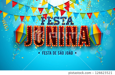 Festa Junina Banner Illustration with Party Flags, Paper Lantern and Light Bulb Billboard Letter on Blue Falling Confetti Background. Vector Brazil June Sao Joao Festival Design Template for Post Card 126623521