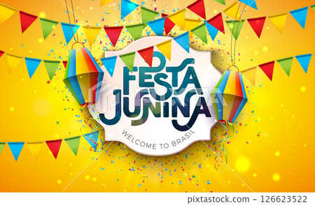 Festa Junina Banner Design with Party Flags, Paper Lantern and Typography Lettering on Yellow Falling Confetti Background. Vector Brazil Sao Joao June Festival Illustration for Greeting Card, Banner 126623522