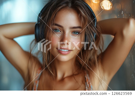 Cheerful Woman Listening To Music Indoors Cheerful Woman Listening To Music Indoors 126623569