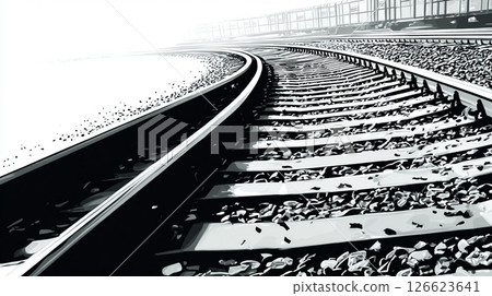Black and white art of curved railway tracks 126623641