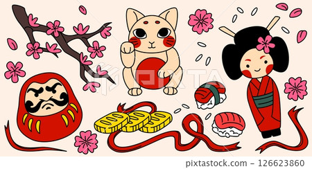 Cute cartoon Japanese traditional symbols 126623860