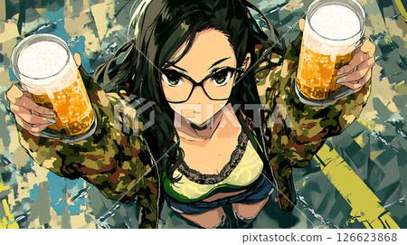 Illustration of a casual woman offering a beer 126623868