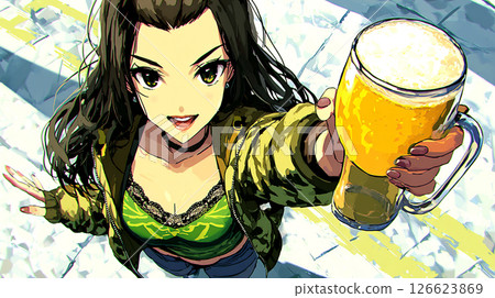 Illustration of a casual woman offering a beer 126623869