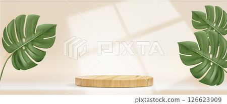 Wooden round podium display with monstera leaf Wooden round podium display with monstera leaf 126623909