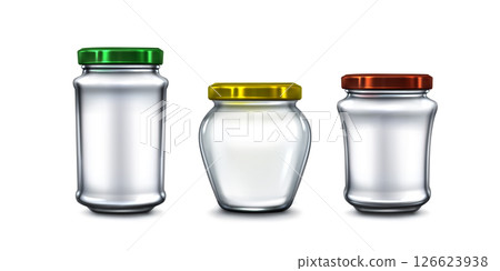 Glass jar mockups - container with metal lids. Glass jar mockups - container with metal lids. 126623938