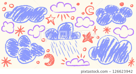 Kids crayon doodle style cloud shapes Kids crayon doodle style cloud shapes 126623942