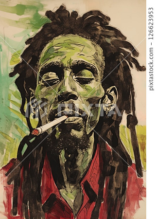 Rastafari smoking marijuana. Cannabis smoker. Poster design. Generative Ai 126623953