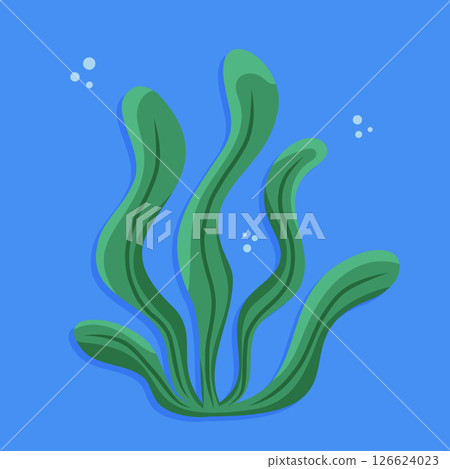 Green seaweed plant with waving leaves on blue background and bubbles around. Green seaweed plant with waving leaves on blue background and bubbles around. 126624023