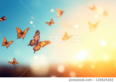 Butterflies against blue sky outdoor at sunset. Butterflies against blue sky outdoor at sunset. 126624268