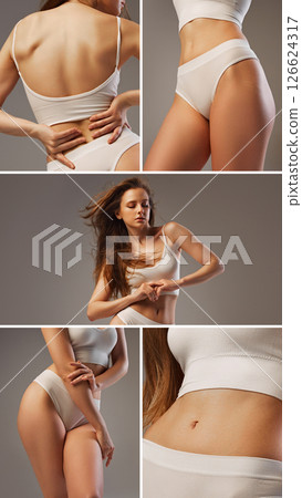 Beauty collage. Elegant softness. Female body in white lingerie posing showing delicate posture and flat belly against neutral gray studio background 126624317