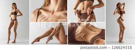 Beauty collage. Minimal harmony. Slim woman in brown underwear revealing collarbones, tight waist and elegant form against soft gray backdrop. Beauty collage. Minimal harmony. Slim woman in brown underwear revealing collarbones, tight waist and elegant form against soft gray backdrop. 126624318