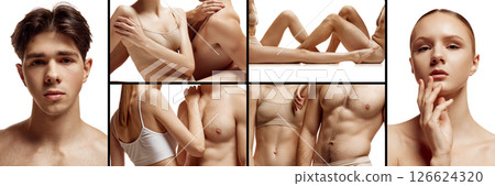Collage. Male and female bodies in minimal lingerie intertwine in sensual touch and trust against bright white background. Collage. Male and female bodies in minimal lingerie intertwine in sensual touch and trust against bright white background. 126624320