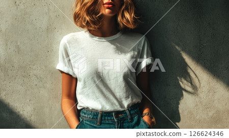 穿著純白色T恤的女人 穿著純白色T恤的女人 126624346