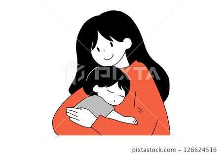 Parent and child hug before bedtime | Flat illustration of a mother gently embracing her sleeping child 126624516