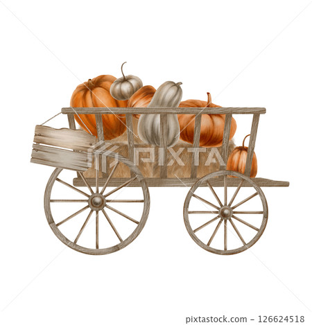 A rustic watercolor painting of an old wooden wagon with hay bales,pumpkins, and a hanging wooden sign.Hand-painted textures and soft earthy tones create a charming autumn or farm-themed illustration. A rustic watercolor painting of an old wooden wagon with hay bales,pumpkins, and a hanging wooden sign.Hand-painted textures and soft earthy tones create a charming autumn or farm-themed illustration. 126624518