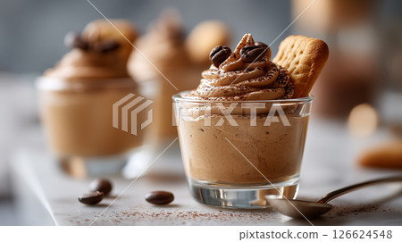 Rich coffee mousse dessert served in a transparent glass | Bokeh background Rich coffee mousse dessert served in a transparent glass | Bokeh background 126624548