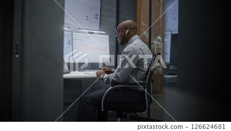 Stock Exchange Trader in Wireless Headphones Having Call, Monitoring Real-Time Stocks 126624681