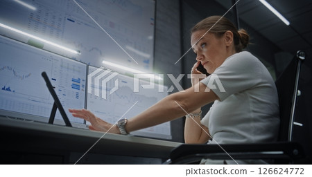 Female Financial Analyst Talking on Phone, Suffering from Financial Crisis, Analyzing Exchange Market Charts Female Financial Analyst Talking on Phone, Suffering from Financial Crisis, Analyzing Exchange Market Charts 126624772