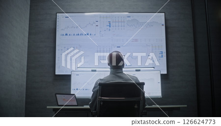 Financial Analyst Working on Computer with Multi-Monitor Workstation, Monitoring Real-Time Stocks Financial Analyst Working on Computer with Multi-Monitor Workstation, Monitoring Real-Time Stocks 126624773