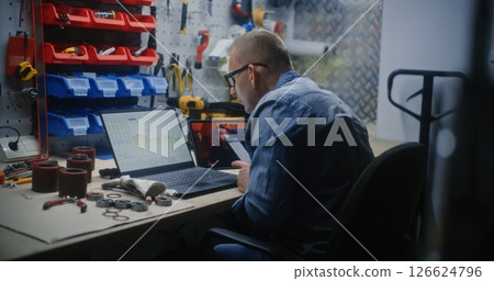 Handyman Checking Exchange Market Charts Using Laptop and Phone, Watching Online Trading Tutorial Handyman Checking Exchange Market Charts Using Laptop and Phone, Watching Online Trading Tutorial 126624796