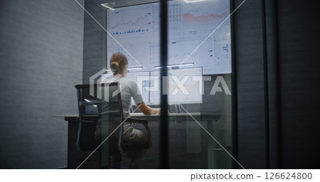 Female Financial Analyst Working on Computer with Multi-Monitor Workstation, Monitoring Real-Time Stocks Female Financial Analyst Working on Computer with Multi-Monitor Workstation, Monitoring Real-Time Stocks 126624800