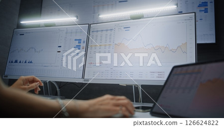 Female Financial Analyst Working on Computer with Multi-Monitor Workstation, Monitoring Real-Time Stocks Female Financial Analyst Working on Computer with Multi-Monitor Workstation, Monitoring Real-Time Stocks 126624822