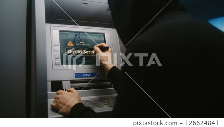 Unrecognizable Man, Vandal Drawing Inappropriate Drawings on ATM Machine Screen 126624841