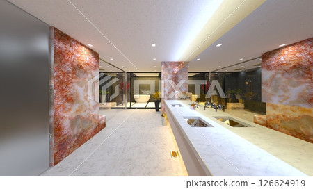 living dining room with large windows 126624919