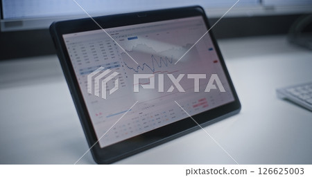 Close Up of Digital Tablet Displaying Online Trading App for Monitoring Real-Time Stocks Close Up of Digital Tablet Displaying Online Trading App for Monitoring Real-Time Stocks 126625003