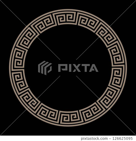 Golden Round frame meander. Typical egyptian, assyrian, greek, chinese motives. Circle border. Gold outline border isolated on black background. Template for textile, engraving, porcelain, embroidery 126625095