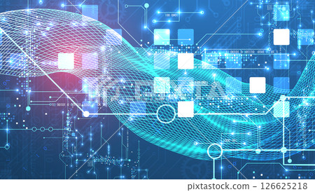 Abstract data background with wireframe wave and circuit lines. Technology concept. Vector 126625218