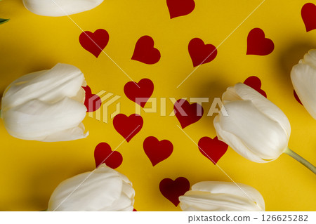 fresh and beautiful white tulips on yellow paper with red hearts fresh and beautiful white tulips on yellow paper with red hearts 126625282