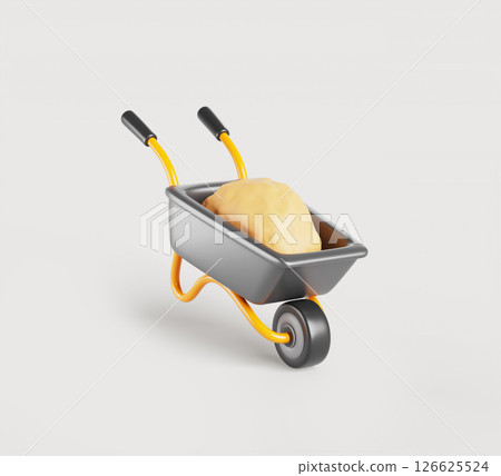 3d construction wheelbarrow with yellow sand pile. Garden building cart with load body, wheel and handles. Metal hand truck for transportation of goods. Isolated cartoon render icon. 3D illustration 3d construction wheelbarrow with yellow sand pile. Garden building cart with load body, wheel and handles. Metal hand truck for transportation of goods. Isolated cartoon render icon. 3D illustration 126625524