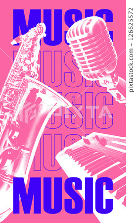 Poster. Contemporary art collage. Saxophone, microphone and keyboard across layered MUSIC text on pink in classic Memphis art style symbolizing sound fusion. Poster. Contemporary art collage. Saxophone, microphone and keyboard across layered MUSIC text on pink in classic Memphis art style symbolizing sound fusion. 126625572