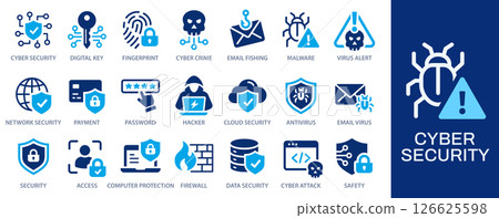 Cyber security icons, such as shield, access, password, hacker, network and more. Vector illustration. Easily changes to any color. Cyber security icons, such as shield, access, password, hacker, network and more. Vector illustration. Easily changes to any color. 126625598