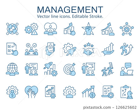Management icons, such as planning, strategy, success, business and more. Vector illustration isolated on white. Editable stroke. Change to any size and any color. 126625602