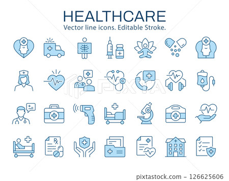 Healthcare icons, such as medicine,, care, doctor, treatment and more. Vector illustration isolated on white. Editable stroke. Change to any size and any color. 126625606