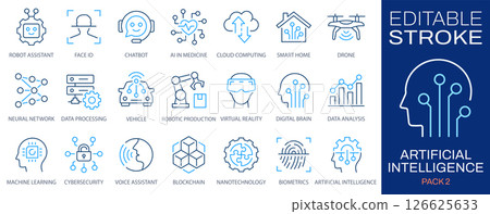 Artificial intelligence icons, such as digital brain, robot, machine learning, smart home and more. Editable stroke. Change to any size and any color. Artificial intelligence icons, such as digital brain, robot, machine learning, smart home and more. Editable stroke. Change to any size and any color. 126625633