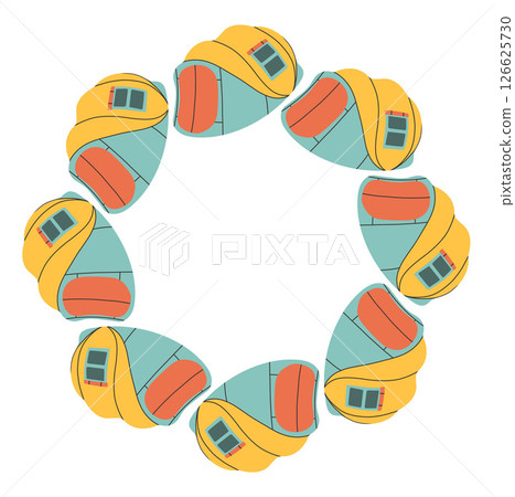 Camping tent circle frame. Simple blue yellow red tent border. Camping shelter in nature on summer holiday. Outdoor adventure flat vector illustration isolated on white background 126625730