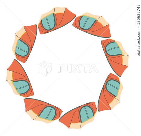 Camping tent circle frame. Simple blue beige red tent border. Camping shelter in nature on summer holiday. Outdoor adventure flat vector illustration isolated on white background 126625745