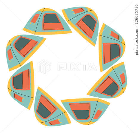 Camping tent circle frame. Simple blue yellow red tent border. Camping shelter in nature on summer holiday. Outdoor adventure flat vector illustration isolated on white background 126625756