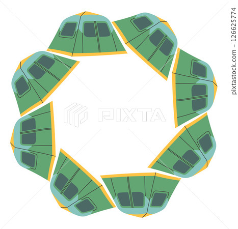 Camping tent circle frame. Simple green blue yellow tent border. Camping shelter in nature on summer holiday. Outdoor adventure flat vector illustration isolated on white background 126625774