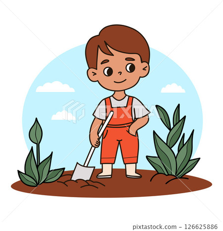 Cute boy Gardening with Shovel. Kid farmer character with tool digging in garden and planting plants. Hand Color drawing. Vector illustration 126625886