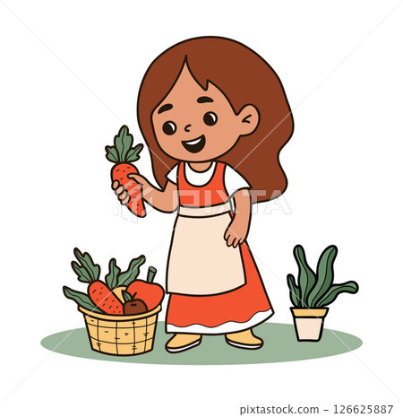 Cute girl farmer brunette with basket with vegetable harvest. Gardener Kid character. Colored hand drawing. Vector illustration Cute girl farmer brunette with basket with vegetable harvest. Gardener Kid character. Colored hand drawing. Vector illustration 126625887