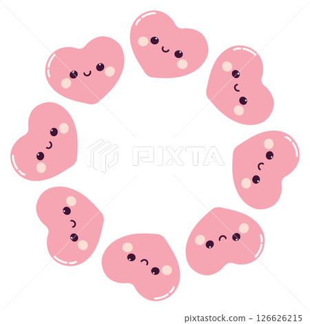 Round frame with cute pink hearts. Heart with cute face. Smiling heart. 126626215