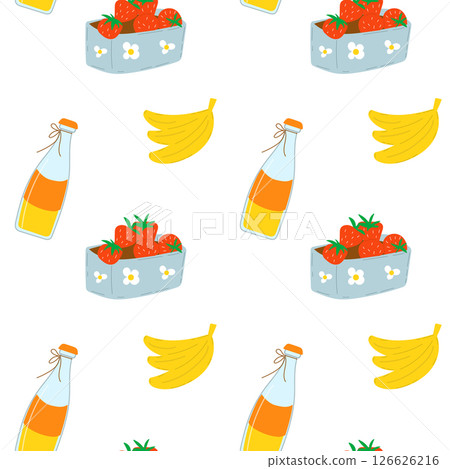 Summer seamless pattern with fruits and bottle of juice. Strawberry, banana and drink. 126626216