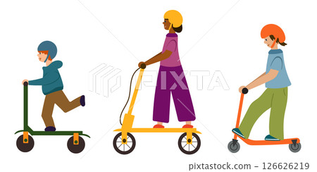 Set of young kids riding scooters. Electric scooters set. 126626219