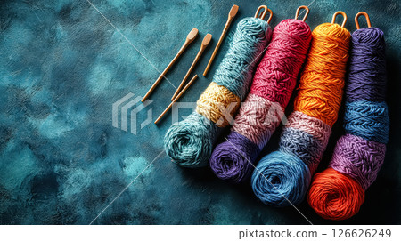 Bunch of colorful yarns are laid out on a blue background 126626249