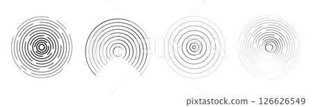 Sound wave, radar signal line. Concentric round circle effect, circular water ring. Contour vibration scan or music. Target screen, scannner swirl. Sound wave, radar signal line. Concentric round circle effect, circular water ring. Contour vibration scan or music. Target screen, scannner swirl. 126626549