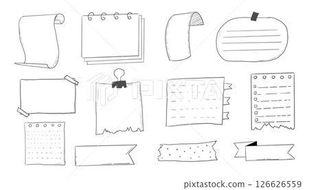 Memo page bullet jourlal note sketch, hand drawn doodle stickers office list box or frame. Comic planner reminder, set stationery design elements. 126626559